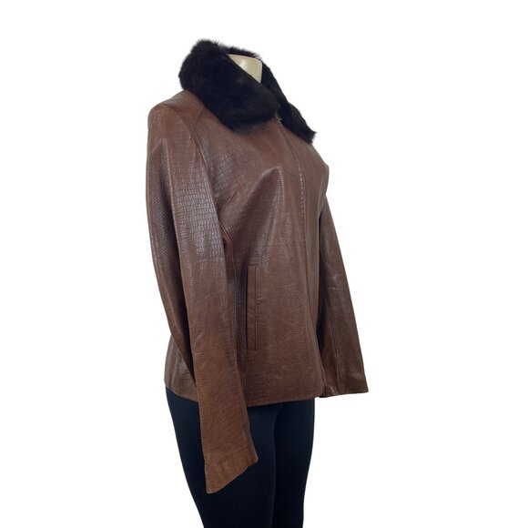 R&O Brand Women's Brown Faux Croc Leather Jacket With Faux Fur Collar - Picture 2 of 8